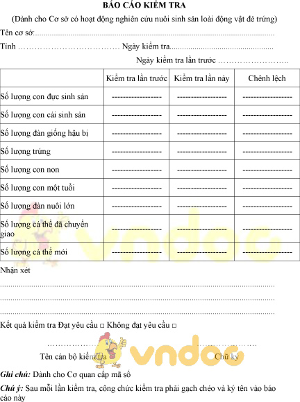 Mẫu báo cáo kiểm tra dành cho cơ sở nghiên cứu nuôi sinh sản động vật đẻ trứng