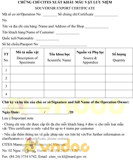 Mẫu chứng chỉ xuất khẩu mẫu vật lưu niệm