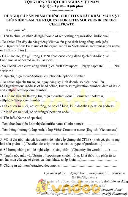 Mẫu đề nghị cấp ấn phẩm chứng chỉ cites xuất khẩu mẫu vật lưu niệm