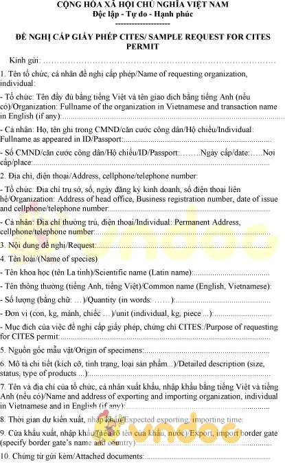 Mẫu đề nghị cấp giấy phép cites