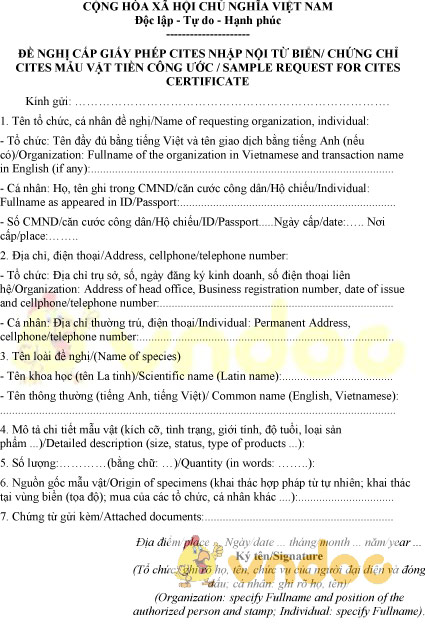 Mẫu đề nghị cấp giấy phép cites nhập nội từ biển