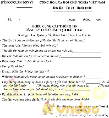 Mẫu phiếu cung cấp thông tin đăng ký cơ sở đào tạo đấu thầu