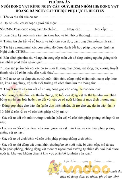 Mẫu phương án nuôi động vật rừng nguy cấp, quý, hiếm nhóm IIB