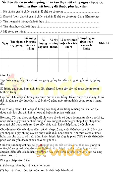 Mẫu sổ theo dõi cơ sở nhân giống nhân tạo thực vật rừng