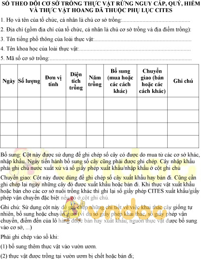 Mẫu sổ theo dõi cơ sở trồng thực vật rừng