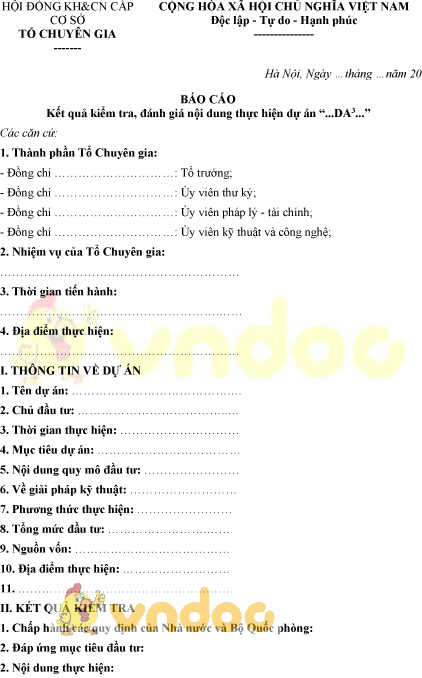 Mẫu báo cáo kết quả kiểm tra, đánh giá nội dung thực hiện dự án