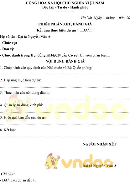 Mẫu phiếu nhận xét, đánh giá kết quả thực hiện dự án