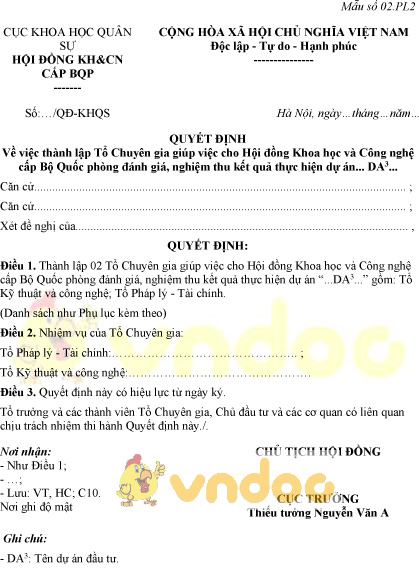 Mẫu quyết định thành lập tổ chuyên gia giúp việc cho hội đồng khoa học và công nghệ