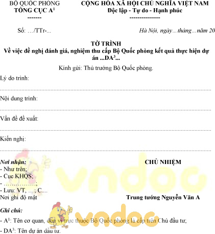 Mẫu tờ trình đề nghị đánh giá, nghiệm thu cấp bộ kết quả thực hiện dự án