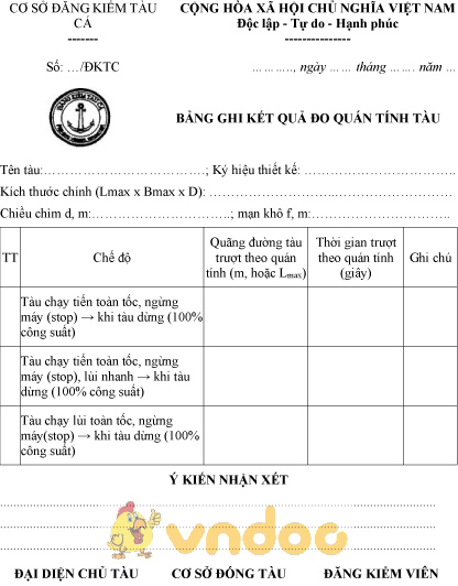 Mẫu bảng ghi kết quả đo quán tính tàu cá