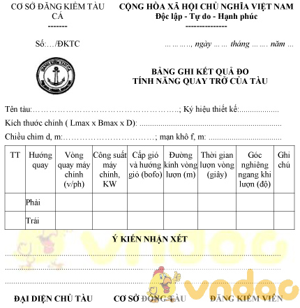 Mẫu bảng ghi kết quả đo tính năng quay trở của tàu cá