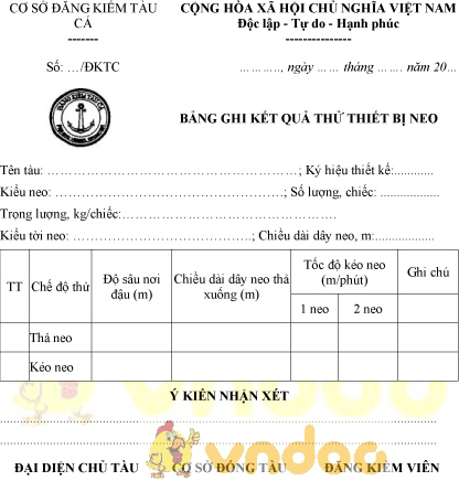 Mẫu bảng ghi kết quả thử thiết bị neo