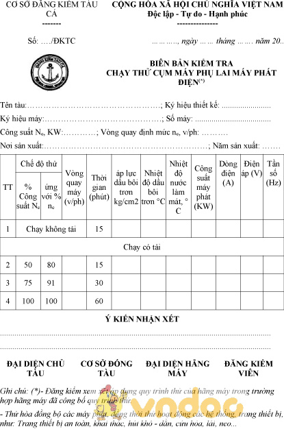 Mẫu biên bản kiểm tra chạy thử cụm máy phụ lai máy phát điện