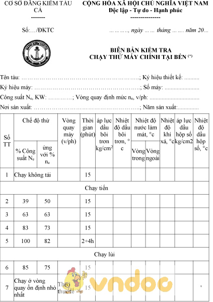Mẫu biên bản kiểm tra chạy thử máy chính tàu cá tại bến