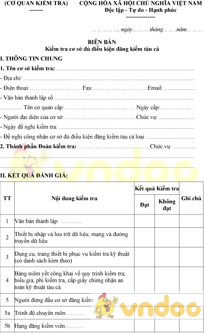 Mẫu biên bản kiểm tra cơ sở đủ điều kiện đăng kiểm tàu cá