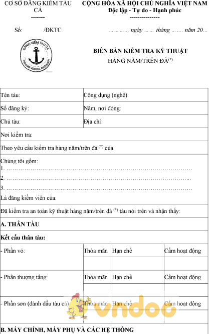 Mẫu biên bản kiểm tra kỹ thuật tàu cá hàng năm