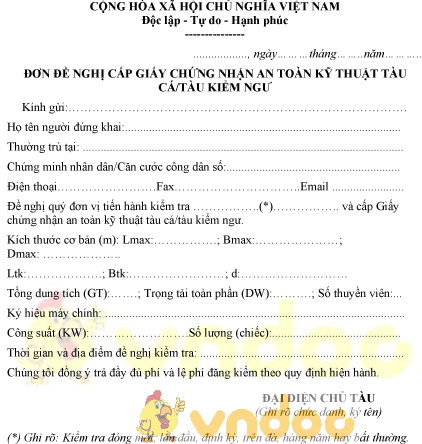Mẫu đơn đề nghị cấp giấy chứng nhận an toàn kỹ thuật tàu cá, tàu kiểm ngư