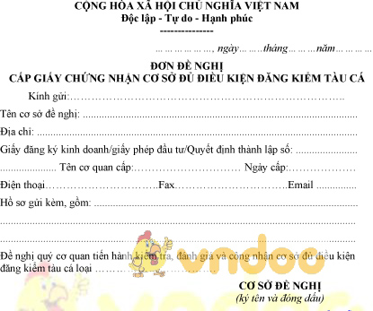 Mẫu đơn đề nghị cấp giấy chứng nhận cơ sở đủ điều kiện đăng kiểm tàu cá