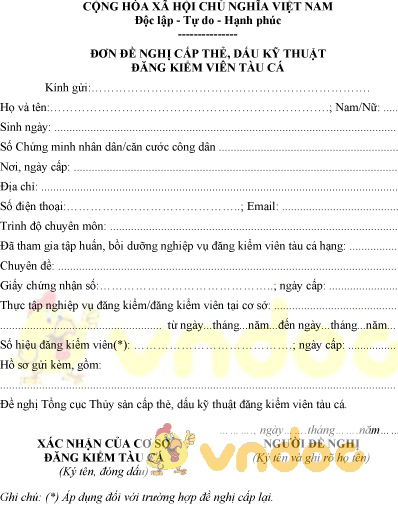 Mẫu đơn đề nghị cấp thẻ, dấu kỹ thuật đăng kiểm viên tàu cá