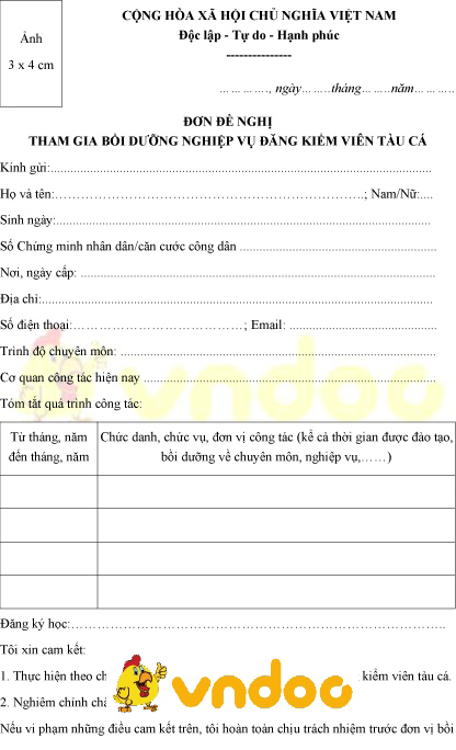 Mẫu đơn đề nghị tham gia bồi dưỡng nghiệp vụ đăng kiểm viên tàu cá