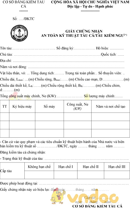 Mẫu giấy chứng nhận an toàn kỹ thuật tàu cá, tàu kiểm ngư