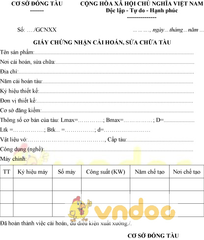 Mẫu giấy chứng nhận cải hoán, sửa chữa tàu