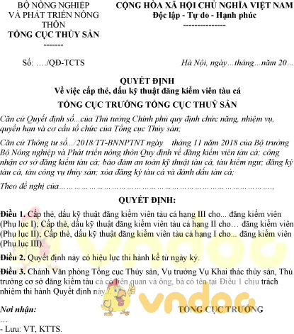 Mẫu quyết định cấp thẻ, dấu kỹ thuật đăng kiểm viên tàu cá