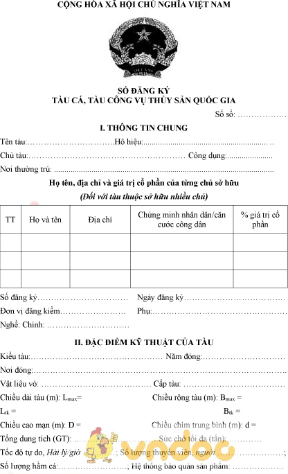 Mẫu sổ đăng ký tàu cá, tàu công vụ thủy sản quốc gia