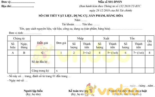 Mẫu số S02-DNSN: Sổ chi tiết vật liệu, dụng cụ, sản phẩm, hàng hóa