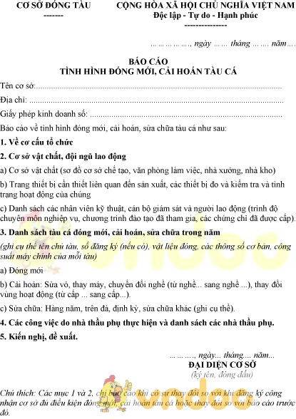 Mẫu báo cáo tình hình đóng mới, cải hoán tàu cá