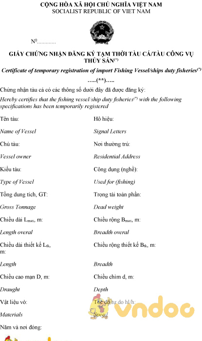 Mẫu giấy chứng nhận đăng ký tạm thời tàu cá, tàu công vụ thủy sản