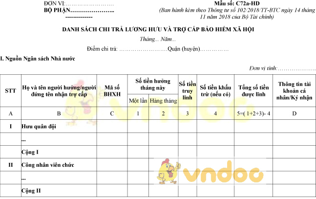 Mẫu số C72a-HD: Danh sách chi trả lương hưu và trợ cấp bảo hiểm xã hội