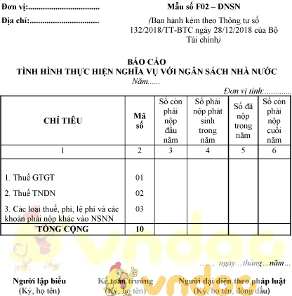 Mẫu số F02 – DNSN: Báo cáo tình hình thực hiện nghĩa vụ với ngân sách nhà nước