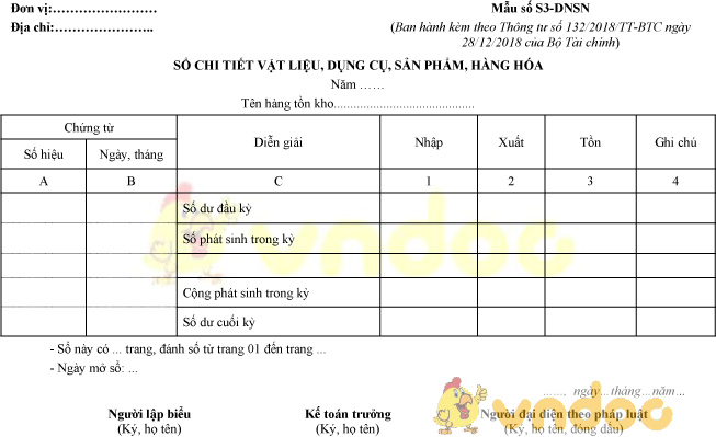 Mẫu số S3-DNSN: Sổ chi tiết vật liệu, dụng cụ, sản phẩm, hàng hóa