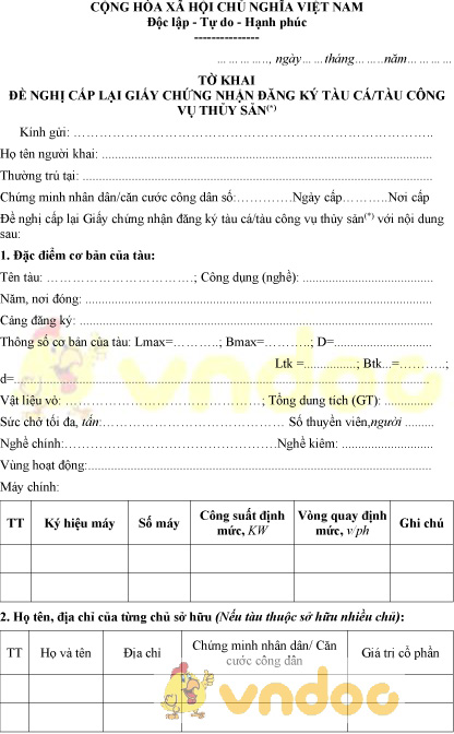 Mẫu tờ khai đề nghị cấp lại GCN đăng ký tàu cá, tàu công vụ thủy sản