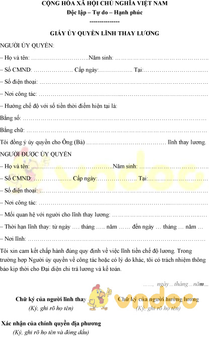 Mẫu giấy ủy quyền lĩnh thay lương