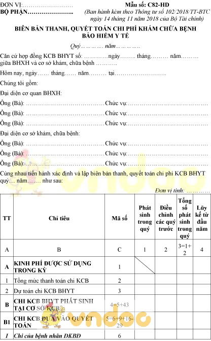 Mẫu số C82-HD: Biên bản thanh, quyết toán chi phí khám chữa bệnh BHYT