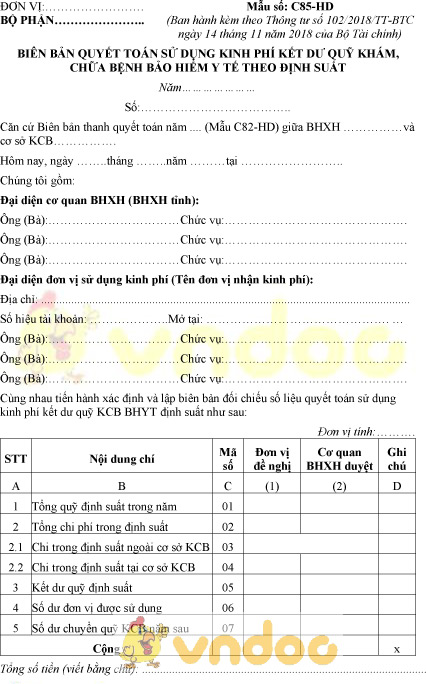 Mẫu số C85-HD: Biên bản quyết toán sử dụng kinh phí quỹ khám chữa bệnh
