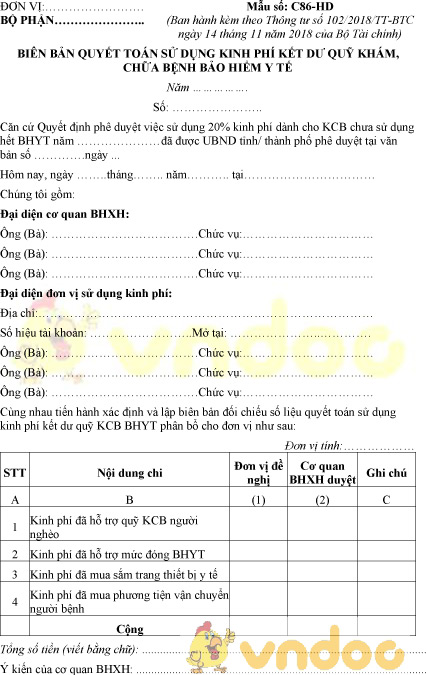 Mẫu số C86-HD: Biên bản quyết toán sử dụng kinh phí quỹ khám chữa bệnh