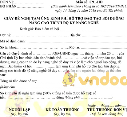 Mẫu số C91-HD: Giấy đề nghị tạm ứng kinh phí hỗ trợ đào tạo nâng cao nghề