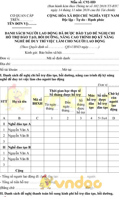 Mẫu số C92-HD: Danh sách người lao động đã được đào tạo nghề đề nghị chi trả hỗ trợ đào tạo