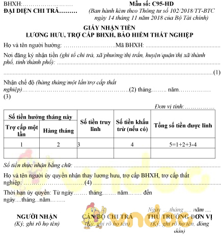 Mẫu số C95-HD: Giấy nhận tiền lương hưu, trợ cấp BHXH, BHTN