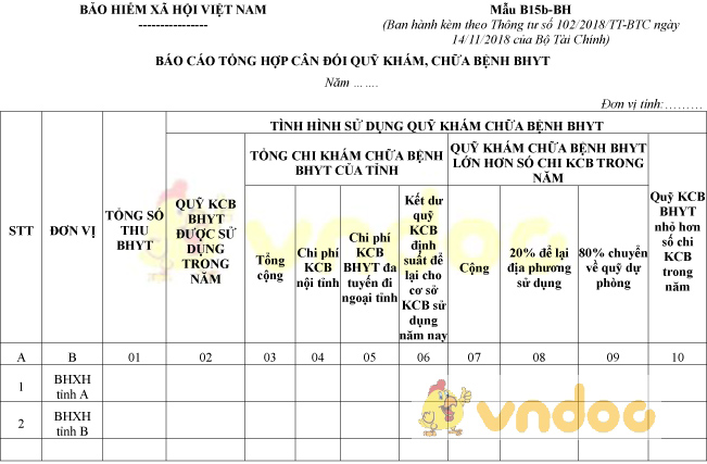 Mẫu B15b-BH: Báo cáo tổng hợp cân đối quỹ khám, chữa bệnh BHYT