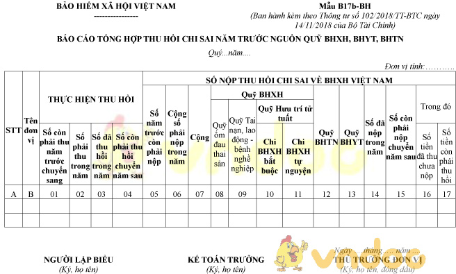Mẫu B17b-BH: Báo cáo tổng hợp thu hồi chi sai năm trước nguồn quỹ bảo hiểm