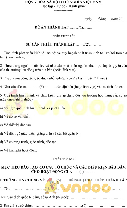 Mẫu đề án thành lập cơ sở giáo dục nghề nghiệp có vốn đầu tư nước ngoài