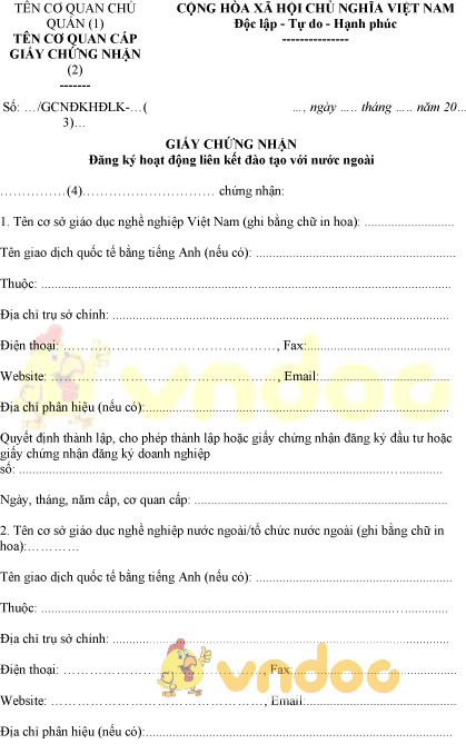 Mẫu giấy chứng nhận đăng ký hoạt động liên kết đào tạo với nước ngoài