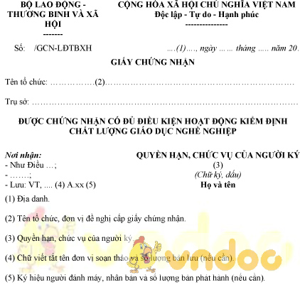 Mẫu giấy chứng nhận đủ điều kiện hoạt động kiểm định chất lượng giáo dục nghề nghiệp