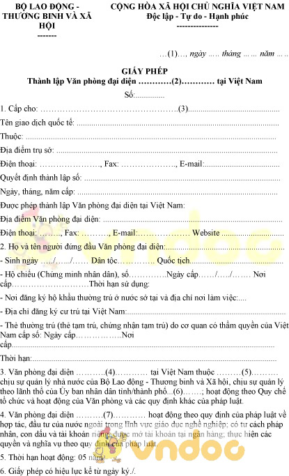 Mẫu giấy phép thành lập Văn phòng đại diện của cơ sở giáo dục nước ngoài