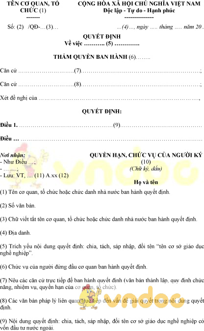 Mẫu quyết định chia, tách, sáp nhập cơ sở giáo dục nghề nghiệp có vốn đầu tư nước ngoài