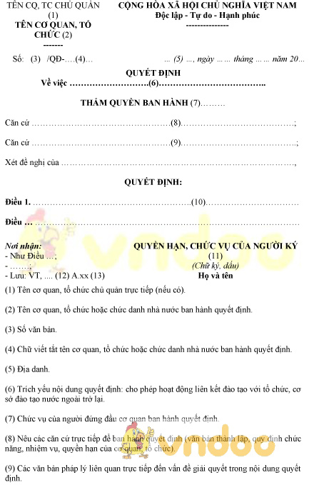 Mẫu quyết định cho phép hoạt động liên kết đào tạo với nước ngoài trở lại